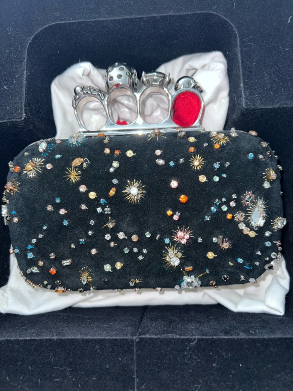 🪐 Alexander McQueen Skull Four Ring Celestial Embellished Suede Box Clutch - Picture 7 of 8